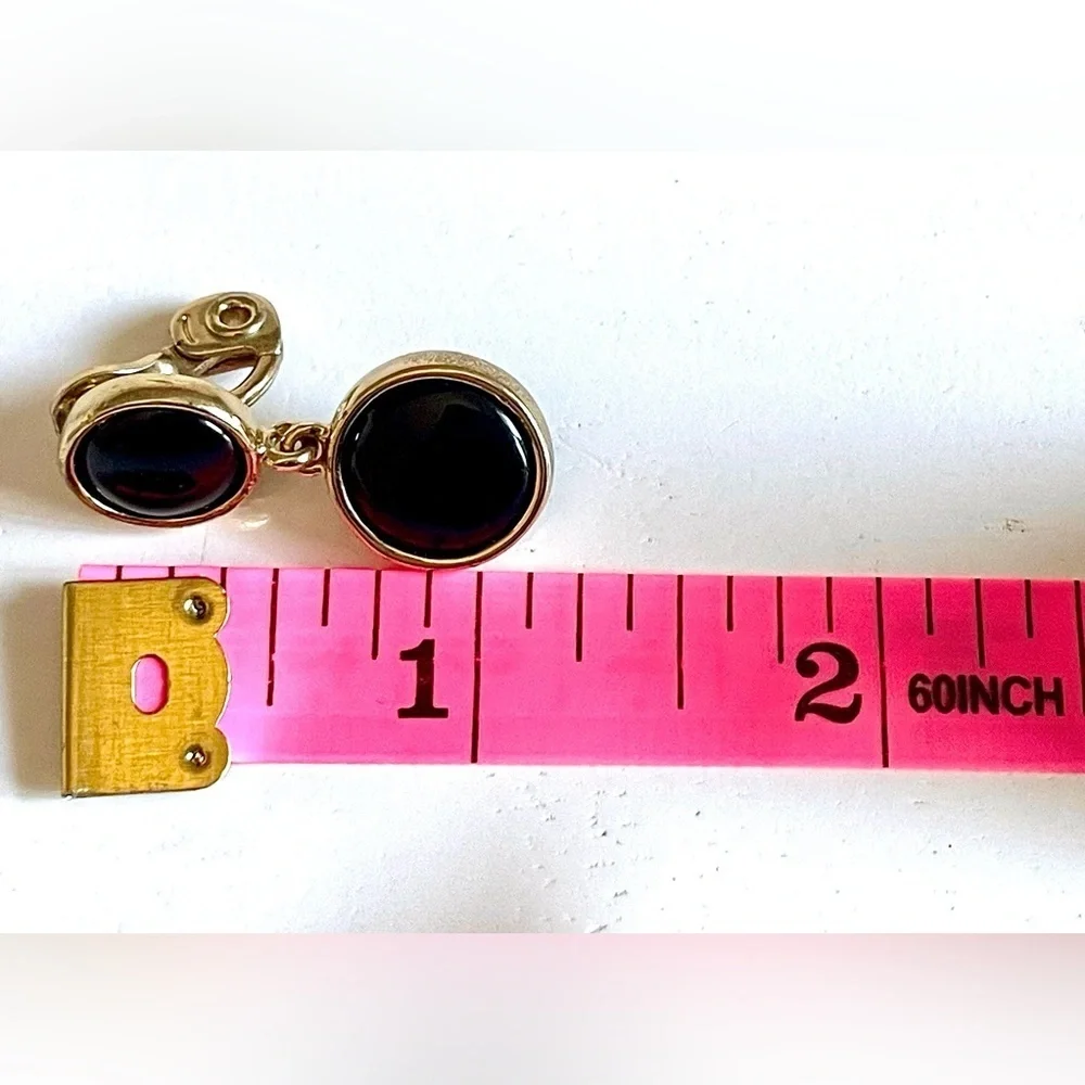 Napier Vintage Black Cabochon Gold Tone Drop Clip On Earrings Signed 1980s EUC